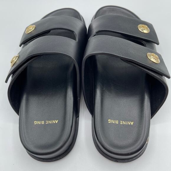 Anine Bing Ella Black Leather Slides with Gold Detail Size 6 - Picture 9 of 13